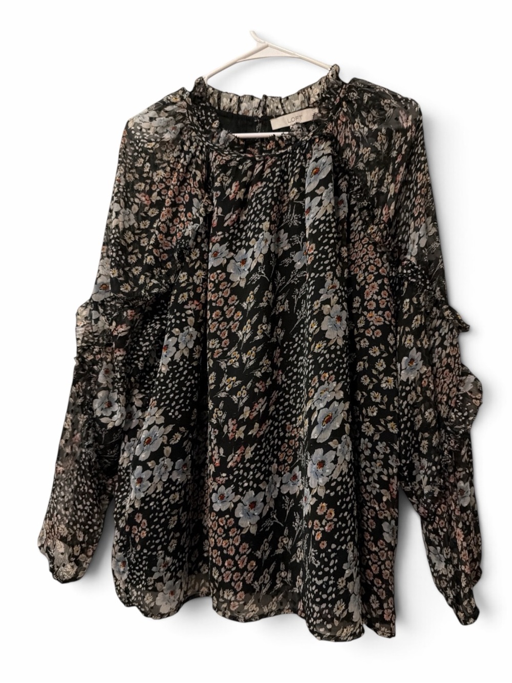 LOFT Mixed Floral Chiffon Long Sleeve Blouse Ruffle Accent XL